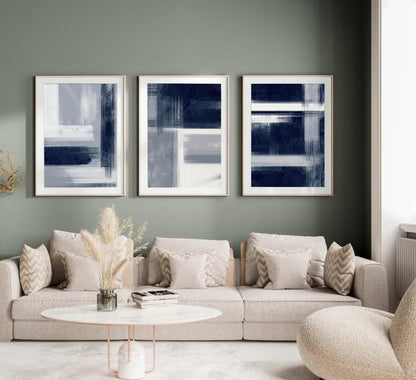 Wavkkey 3Pcs Navy Blue Abstract Wall Art Blue Grey Neutral Modern Geometric Abstract Painting Poster Wall Decor Canvas Print Artwork for Living Room Bedroom Office Home Decoration Unframed