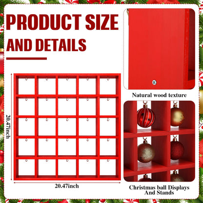 Cinnvoice Christmas Holiday Ornament Displays Rack Wooden Hanging Stand Holder Hanger for Christmas Ball Display Shelf Cabinet for Craft DIY Wall Decorations Gift (Red,25 Compartment)