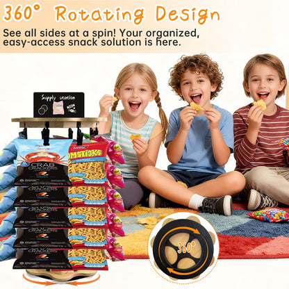 Mazatzal 5 Tiers 40 Clips Chip Rack Display Stand, 360° Rotating Snack Organizer with Flower Shape Wooden Base, Countertop Candy Holder for Party, Retail Store, with Message Board