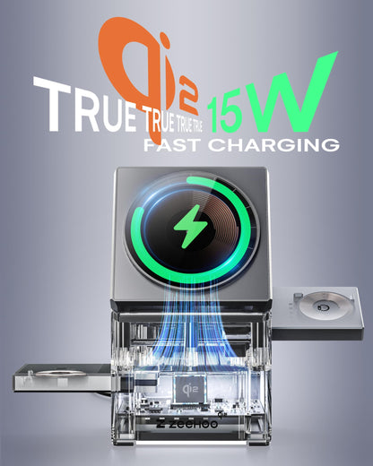 ZEEHOO 3 in 1 Charging Station for Apple, Mag-Safe for iPhone Charger, Qi2 Certified Rotating Wireless Charger Stand for iPhone 17,16,15,14,13,12 Series, Apple Watch, AirPods (USB-C Charger Included)