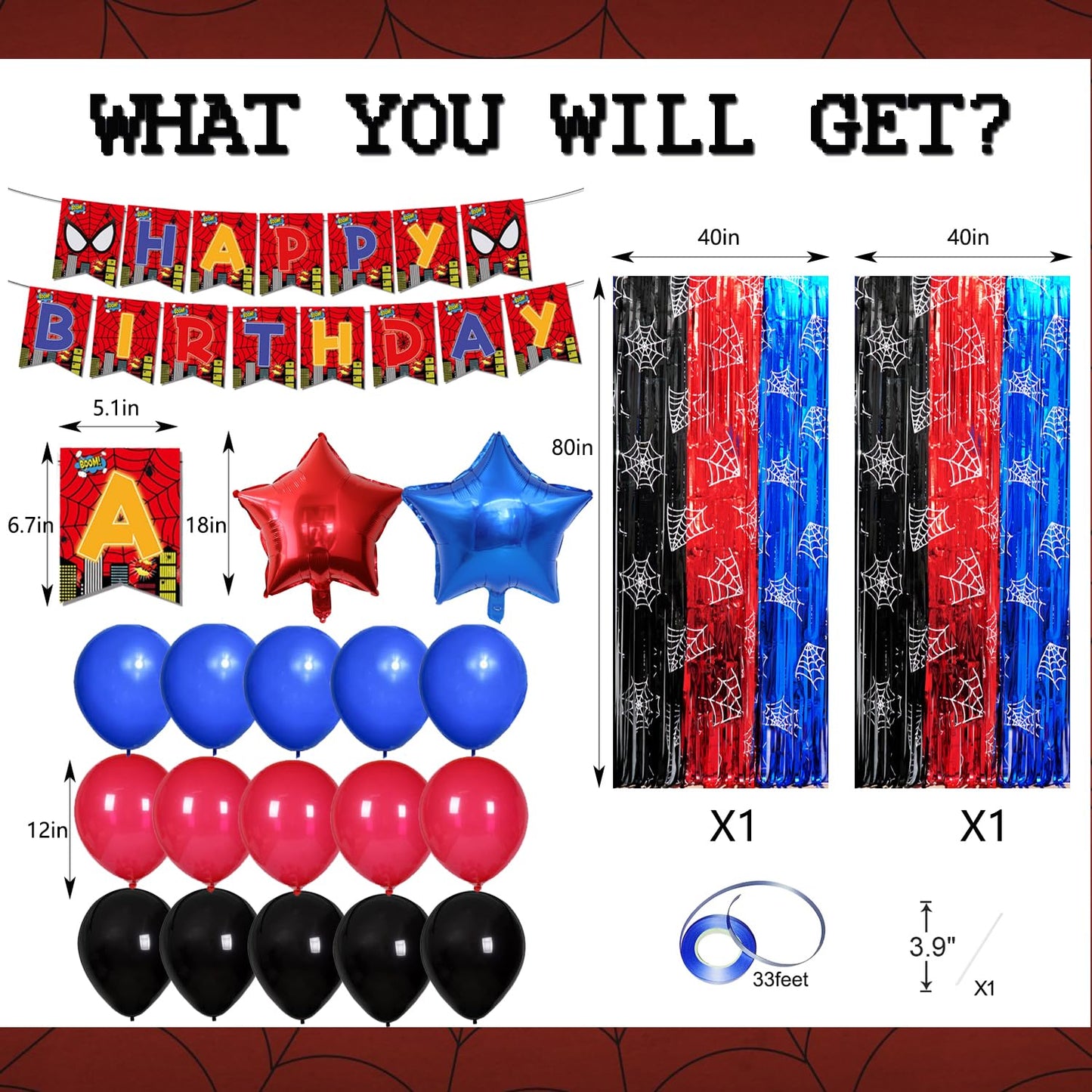 Spider Birthday Party Decoration, including 2Pack Spider-web Printing Foil Fringe Curtains, 1pack Spider Themed Birthday Banner & Balloons for Spide-party Photo Booth Props Streamers Backdrop Decor