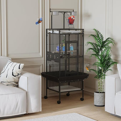 60 Inch Wrought Iron Large Bird Cage with Rolling Stand, Metal Parrot Cage with Play Top & 4 Stainless Steel Bowls for African Grey Cockatiel Sun Parakeet Green Cheek Conure Lovebird Budgie, Black