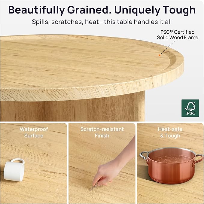 Round Coffee Table with Stools Underneath, Wood Ottoman Coffee Tables with 4 Boucle Storage Ottomans & Seats, Mid-Century Modern Coffee Table with Chairs for Living Room, Small Space, Natural&White