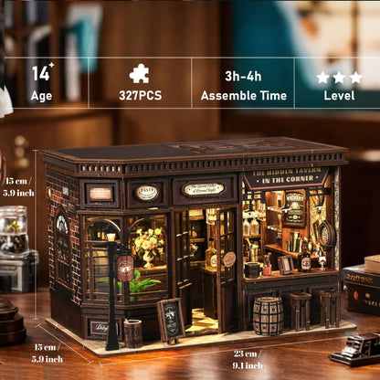 Soothee DIY Book Nook Kit with LED Lights | 3D Puzzles for Adults & Teens, Miniatures and Model Building Kits for Bookshelf Decor, Relaxing & Unique Gift for Craft Lovers | Corner Tavern