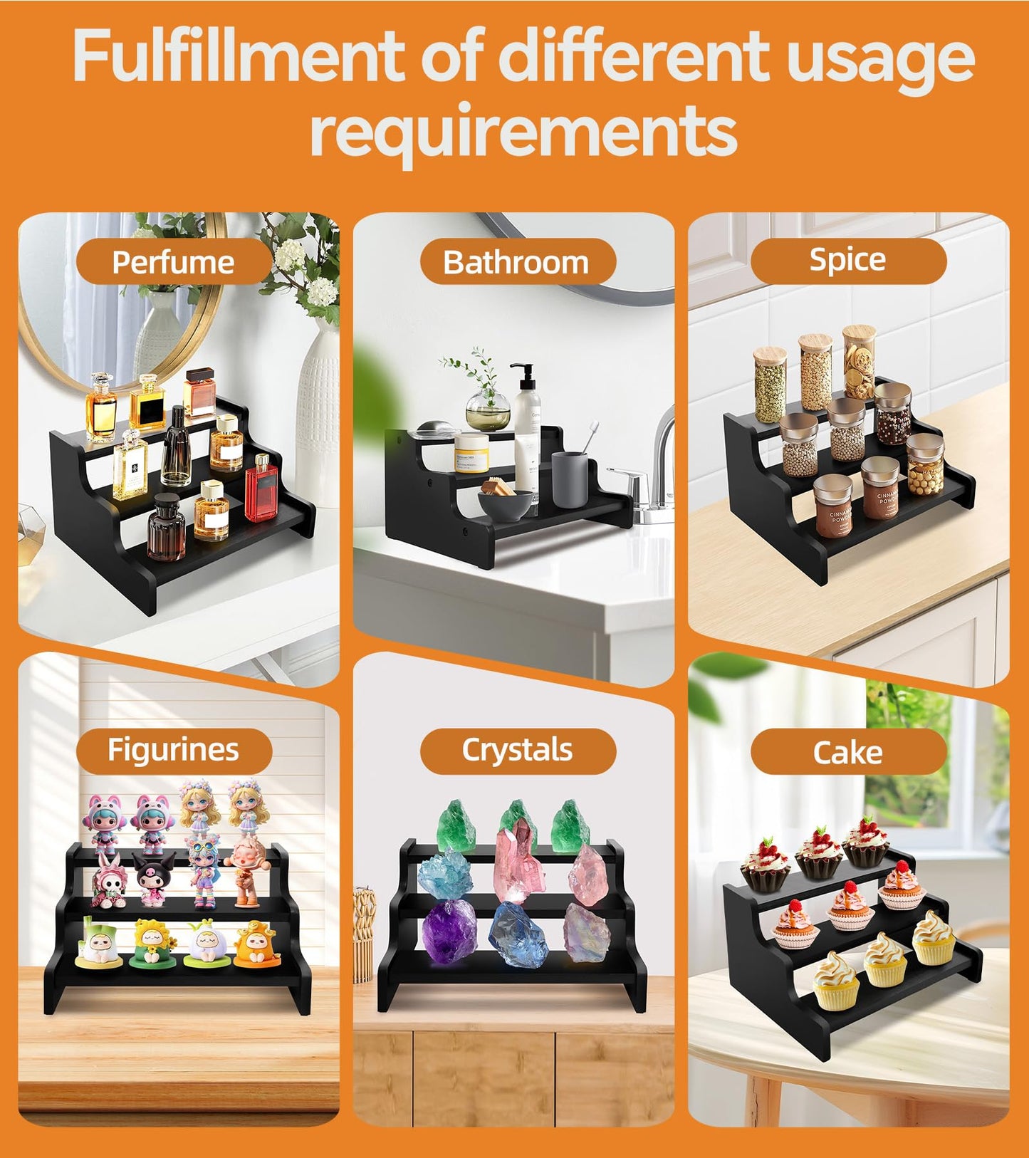Wooden Cologne Organizer for Men, Perfume Organizer Stand, Cologne Stand with Anti-Slip Washers, Wooden Display Risers Stand for Dessert, Cupcake, Display Shelf Riser Stand for Decoration Makeup Black, 3-tier-13.8in