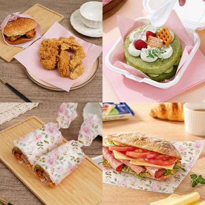 Honeydak 200 Pcs Pink Watercolor Roses Wax Paper Sheets 7 Inch Deli Paper Sheets Floral Food Basket Liners for Sandwich Burger Greaseproof Food Wrapping, Bridal Shower, Wedding, Mother's Day Gift Wrap