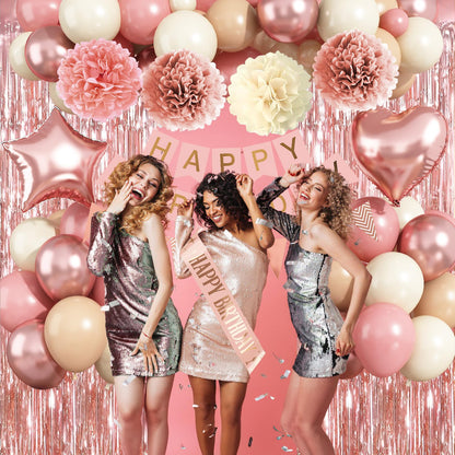 Blush Pink Birthday Decorations, Rose Gold Nude Party Décor with Foil & Latex Balloons Sash Fringe Curtains Happy Birthday Banner Cake Topper Paper Pompoms Party Decor for Women Girl