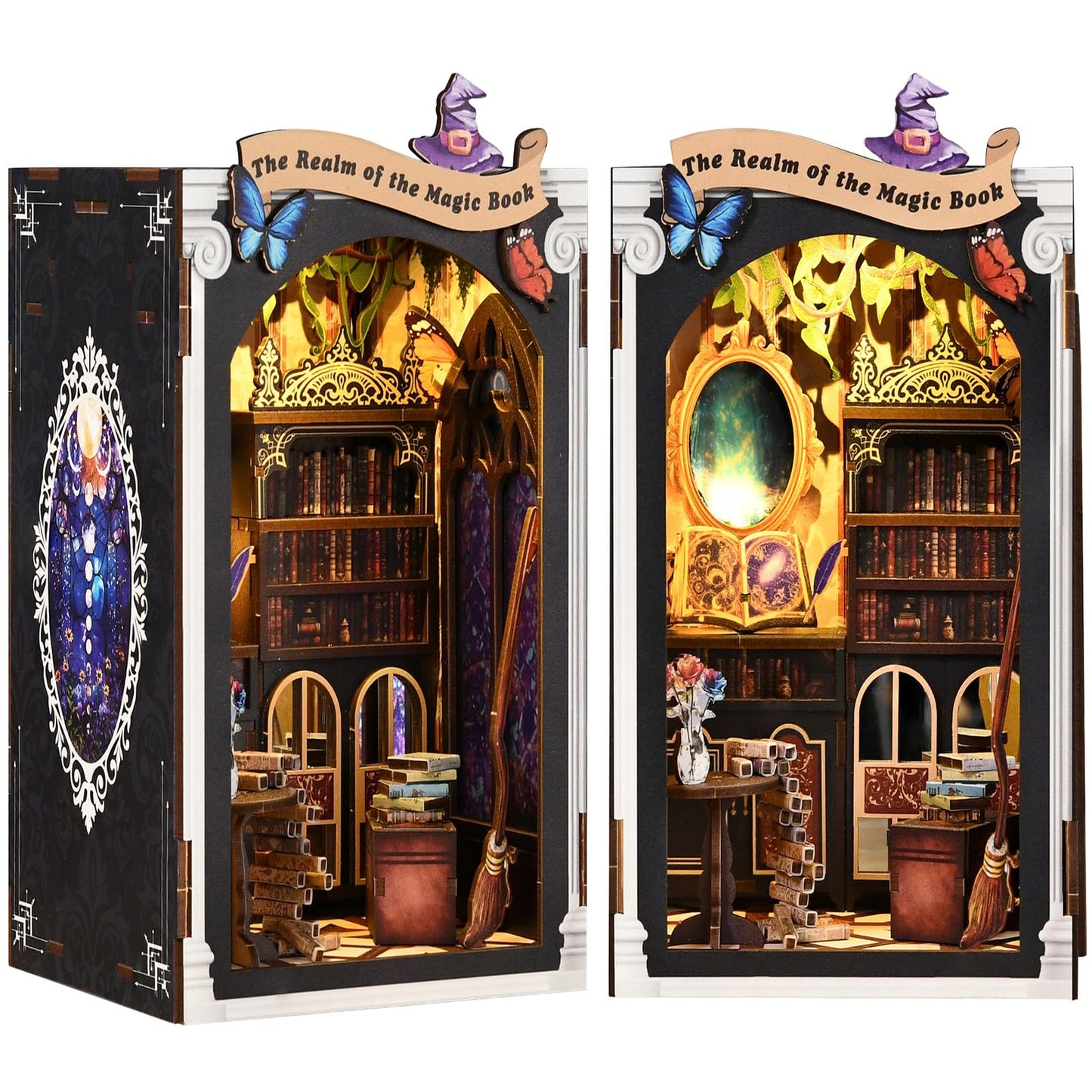 Book Nook Kit Magic Book of Mirrors Wooden Dollhouse， DIY Tiny House Miniature with LED Light, Fantasy Wooden Decor Display for Adults, Tiny Homes to Live in for Bookshelf, Battery Not Included