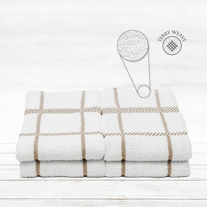100% Cotton Terry Dish Towels, 4 Pack Checks, 16 x26 Inches, Super Soft and