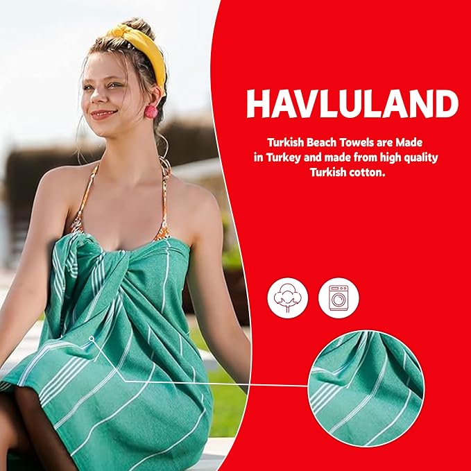 HAVLULAND Turkish Beach Towels, Oversized 40"x72" Turkish Bath Towel, Highly Absorbent Quick Dry Sand Free Beach Towels for Beach Pool Spa Gym Yoga Travel Camping Picnic Blanket - Blue