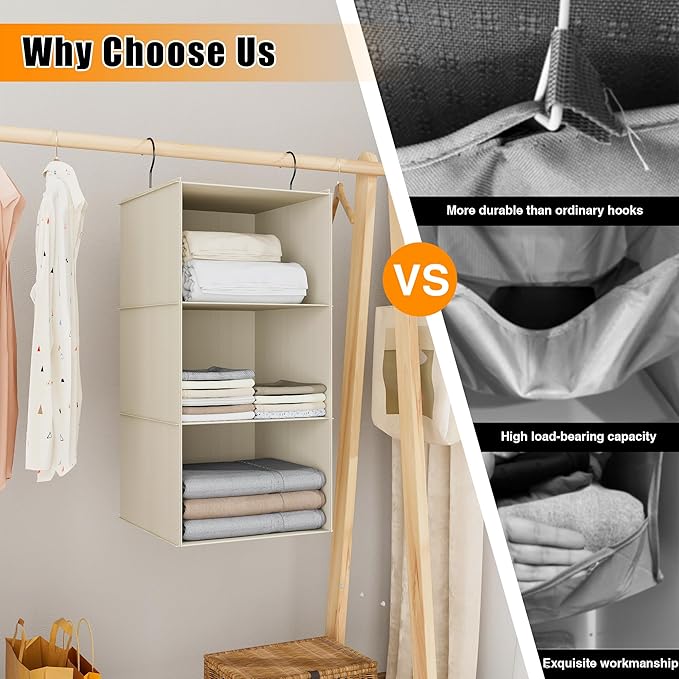 Hanging Closet Organizer and Storage 3-Shelf, Easy Mount Foldable Hanging