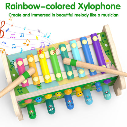 Amtreen 6-IN-1 Wooden Montessori Toys for 1 Year Old, Mole-Tapping Game | Play the Xylophone | Frog Clock | Carrot Harvest Game | Spinning Gear, Toddler Toys Aged 1-3, Baby Toy Gift for Early Learning