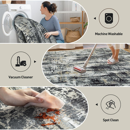 2'6''x8' Runner Rugs Washable Rug: Modern Abstract Hallway Runner Rug Indoor Soft Low Pile Thin Carpet Anti-Skid Non-Shedding Carpets for Kitchen, Entryway, Laundry, Bedroom - Black Grey Gold
