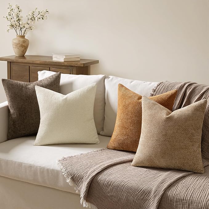 MIULEE Pack of 4 Brown Couch Throw Pillow Covers 16x16 Inch Soft Decorative Chenille Pillows Farmhouse Accent Cushions for Boho Home Decor Spring Sofa Bedroom Living Room