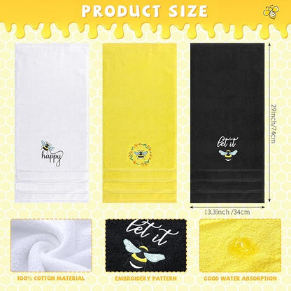 Bee Hand Towels Farmhouse Summer Yellow Bathroom Decor 14x29 Inch Embroidered