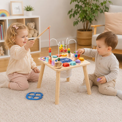 SJSYCSE Baby Activity Table for 1 Year Old, Wooden Sensory Table Activity Center with Bead Maze with Shape Sorter Fishing Game, 8 in 1 Learning Toys for Baby 12+ Months Boys Girls Gifts