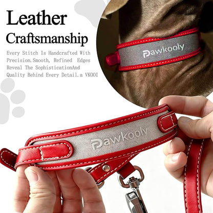 MagEase Dog Collar with 4FT Leash | Adjustable | Anti-Wrinkle, Bite & Stain-Resistant Leather | Soft & Skin-Friendly | 450LB Escape-Proof Magnetic Buckle (Red, Medium)