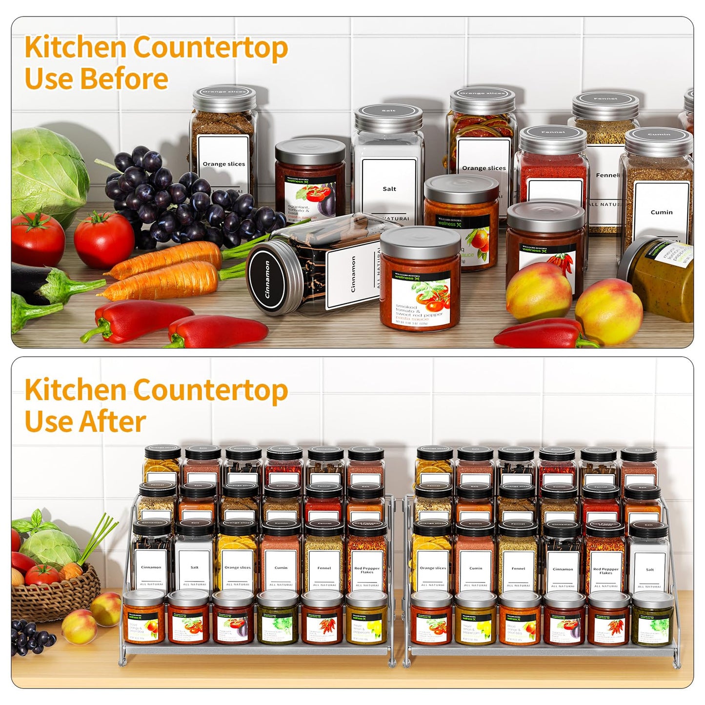 4 Tier Spice Rack for Cabinet, Spice Rack Organizer, Depth Adjustable Spice Holder for Countertop, Cupboard, Pantry, Seasoning Shelf, Metal, Black (1 Pack)