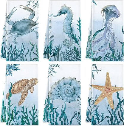 Boyiee Set of 6 Beach Kitchen Towels Sea Ocean Animal Nautical Tea Towels 24 x