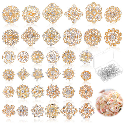 AOZUO 136 Pcs Gold Crystal Brooches for Women, Crystal Flower Brooch Pins with Rhinestones Bulk Brooches Jewelry Rhinestone Embellishments for DIY Jewelry Crafting Sewing Wedding Hair Decoration