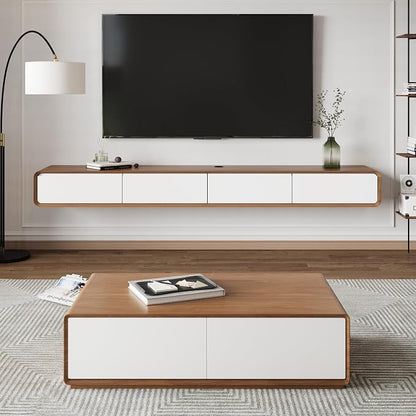 POVISON Modern Coffee Table with 4-Drawer, 51 inch Rectangle Coffee Table for Living Room,Full-Assembled, Walnut and White