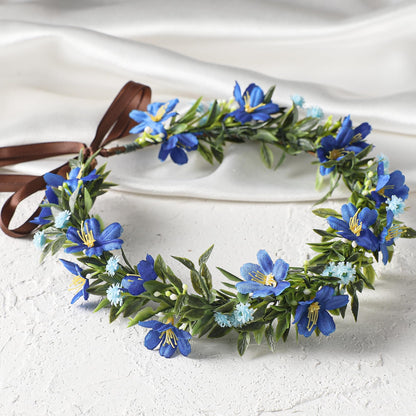 KorViSHOW Fairy Blue Flower Crown, Artificial Boho Floral Headpiece, Elf Forest Flower Headband with Ribbon for Women Girls Renaissance Faire Cosplay Birthday Wedding Festival Party Hair Accessory