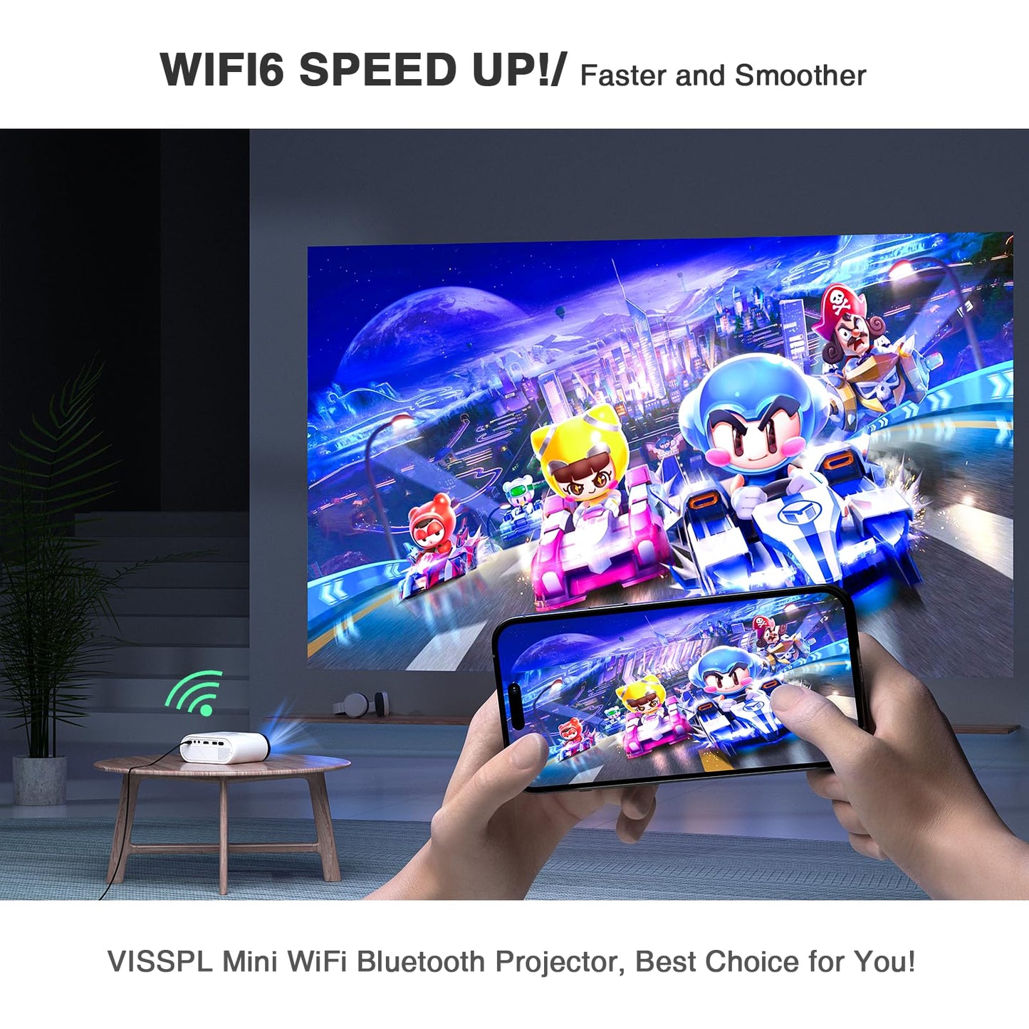 Mini Projector with WiFi and Bluetooth, VISSPL Full HD 1080P Projector, Portable Outdoor Projector with Tripod, Home Theater Movie Phone Projector Compatible with Android/iOS/Windows/TV Stick/HDMI/USB