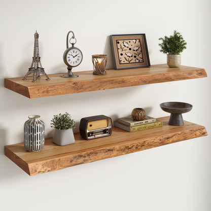 RICHFOCUS Live Edge Elm Floating Shelves - 40" W x 9.3" D Rustic Solid Wood Wall Shelves with Invisible Bracket, Wall-Mounted for Living Room, Bedroom, Kitchen Storage & Display, Set of 2, Natural