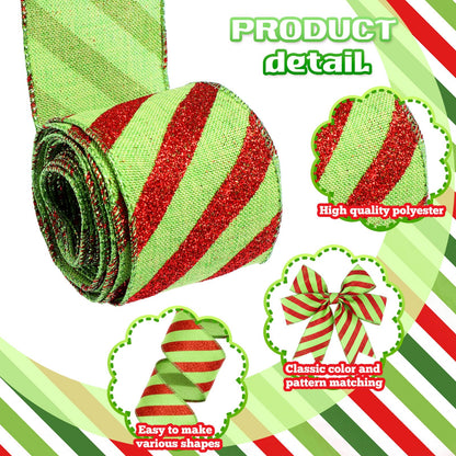 Suncalla 6 Rolls 32 yd Christmas Wired Ribbons 2 Inch Glitter Lime Green Stripe Christmas Ribbon Red and Green Polka Dot Bow DIY Crafts for Xmas Tree Wreaths Decor Xmas Gift Wrapping Home Decoration