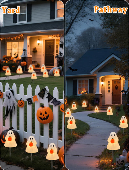 Halloween Ghost Pathway Lights, Ghost Pumpkin Pathway Decoration Lights Built-in 4 C7 LED Bulbs for Halloween Holiday Outdoor Yard Garden Walkway Decor, 7Ft 4PK