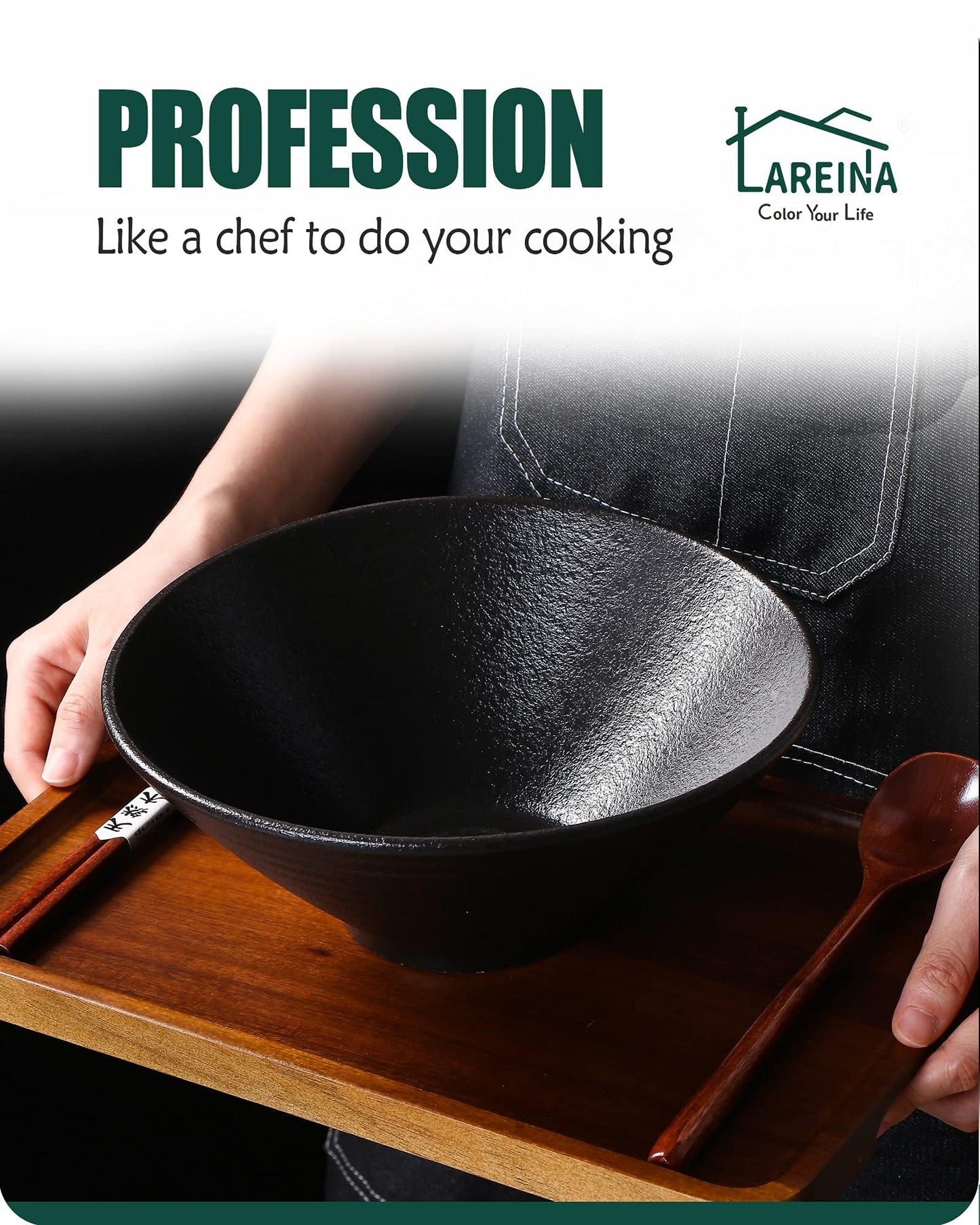 Lareina Ceramic Japanese Ramen Bowls, 2 Sets (6 Piece) 60 Ounce, Large Noodle Soup Bowl with Matching Chopsticks and Spoons for Asian Pho Udon Soba, Matting Black