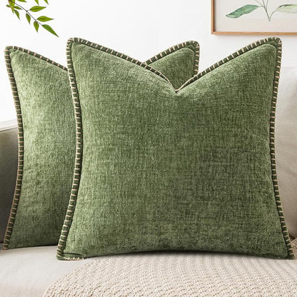 MIULEE Pack of 2 Couch Throw Pillow Covers 20x20 Inch Sage Green Farmhouse Decorative Pillow Covers with Stitched Edge Soft Chenille Solid Dyed Summer Pillow Covers for Sofa Bed Living Room