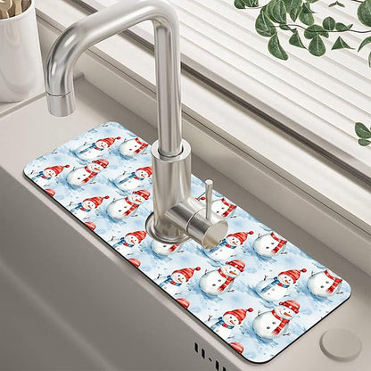 Christmas Snowman with Hat Kitchen Sink Splash Guard Mat Absorbent Fast Drying