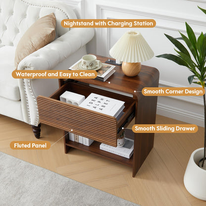 XUZENEST Fluted Nightstand with Charging Station, Mid Century Modern Bed Side Table End Table with Drawer Storage, Large Wooden Night Stands Bedside for Bedroom Living Room Sofa Office, Walnut