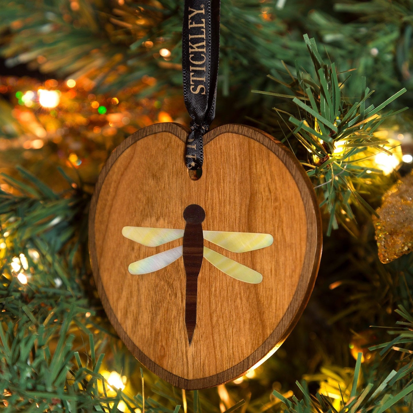 Stickley Dragonfly Ornament, Walnut and Cherry, Decorative Inlay, Mission Style, Stickley-Branded Hanging Ribbon, Gift Box, 3.75in W x 3.75in H