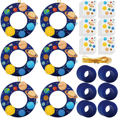 Lonfliness 24 Sets Space Wreath Craft Kits DIY Hanging Decor Solar System Paper Wreath Craft Ornament with Planet Stickers Outer Space Party Supplies for Home School Classroom Activities