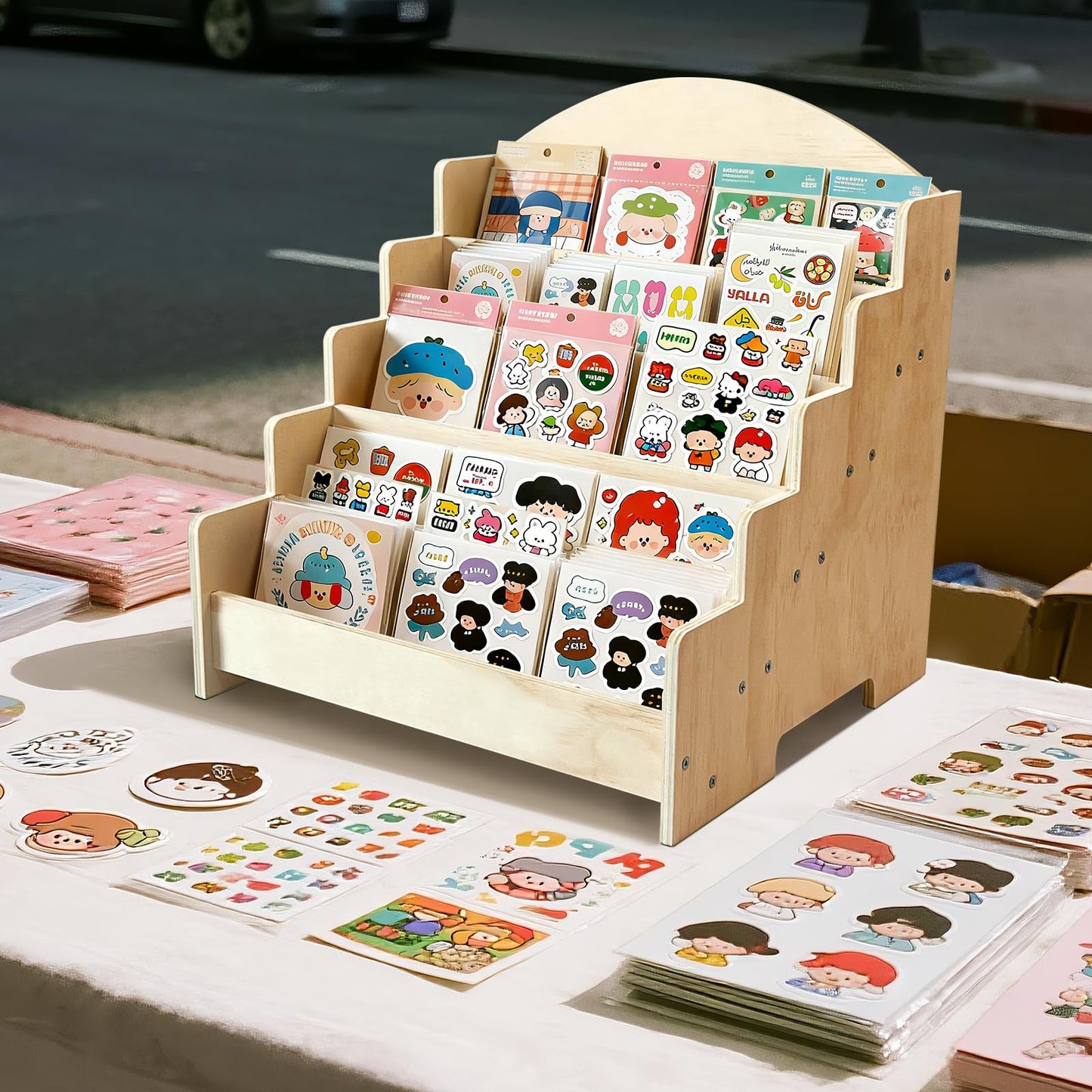 5-Tier Greeting Card Display Stand, Wooden Rack Holder for Display Postcards, Cards, Brochure and Stickers, Also for Vendors, Counter Retail