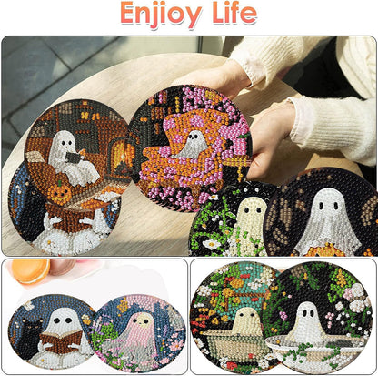8 Pack Halloween Diamond Art Coasters Kits, Halloween Diamond Painting Coasters Kit with Holder, DIY Ghost Diamonds Art Non Slip Coaster Crafts Kits for Adults Gifts 4x4 inch (Cork Wooden Pad)