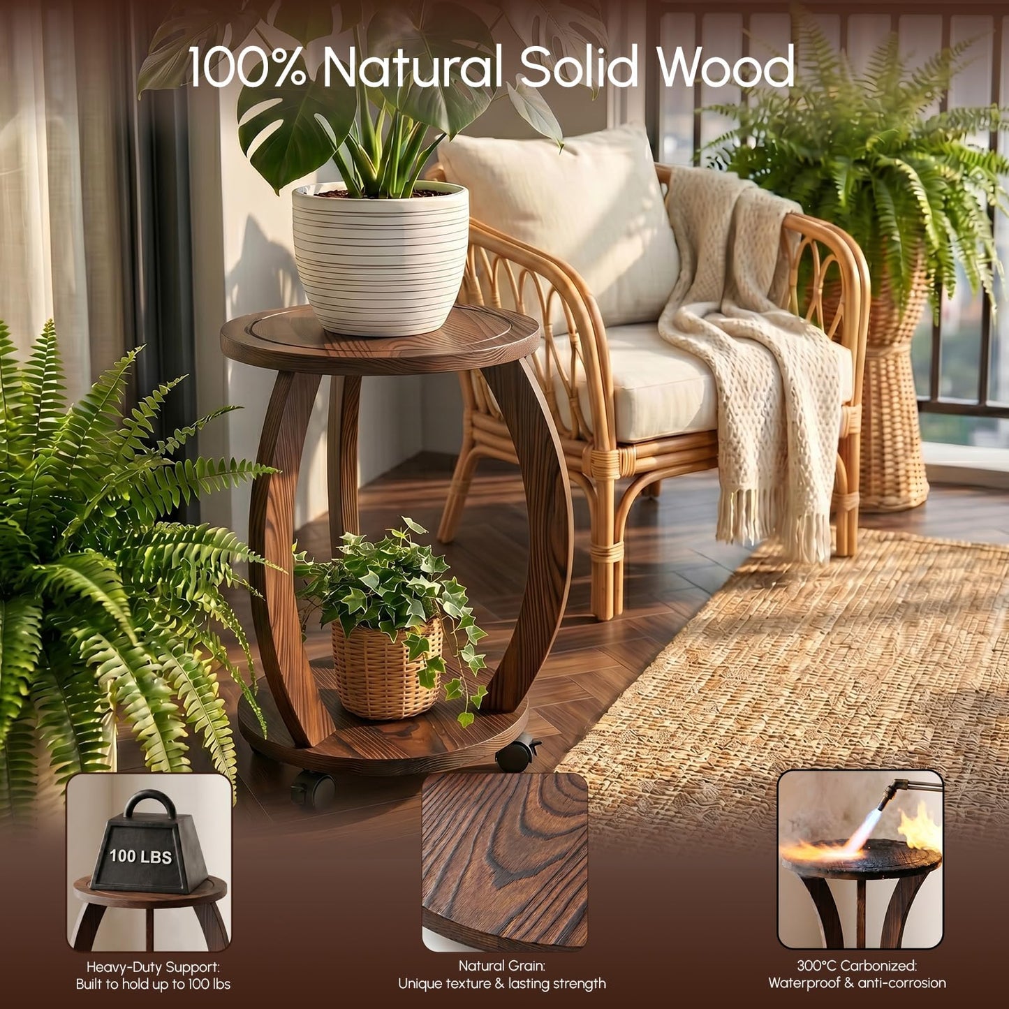 WooOrganix 2 Tier Wooden Plant Stand Indoor with Wheels – Tall Plant Stand for 6-12 Inch Pots, Mid-Century Modern Rustic Plant Table Indoor, Pedestal Stand for Corner, Living Room, Balcony, Dark Brown