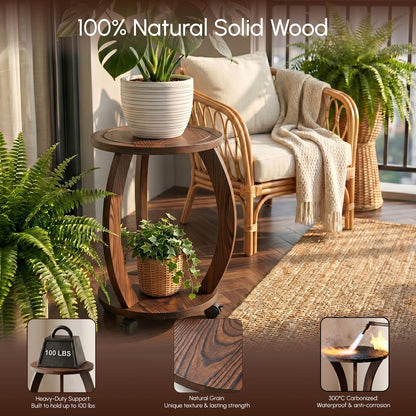 WooOrganix 2 Tier Wooden Plant Stand Indoor with Wheels – Tall Plant Stand for 6-12 Inch Pots, Mid-Century Modern Rustic Plant Table Indoor, Pedestal Stand for Corner, Living Room, Balcony, Dark Brown