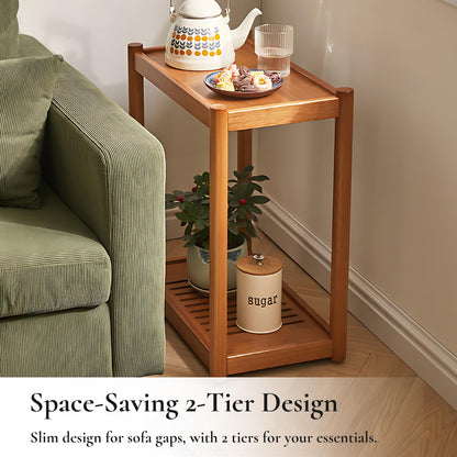 Cttasty Side Table, Solid Wood Narrow End Table with Storage Shelf and Wheels, 2-Tier Sofa Table for Living Room, Rubber Wood Indoor Plant Stand, 26.8 H x 11.8 W x 19.7 D Inches (Natural)