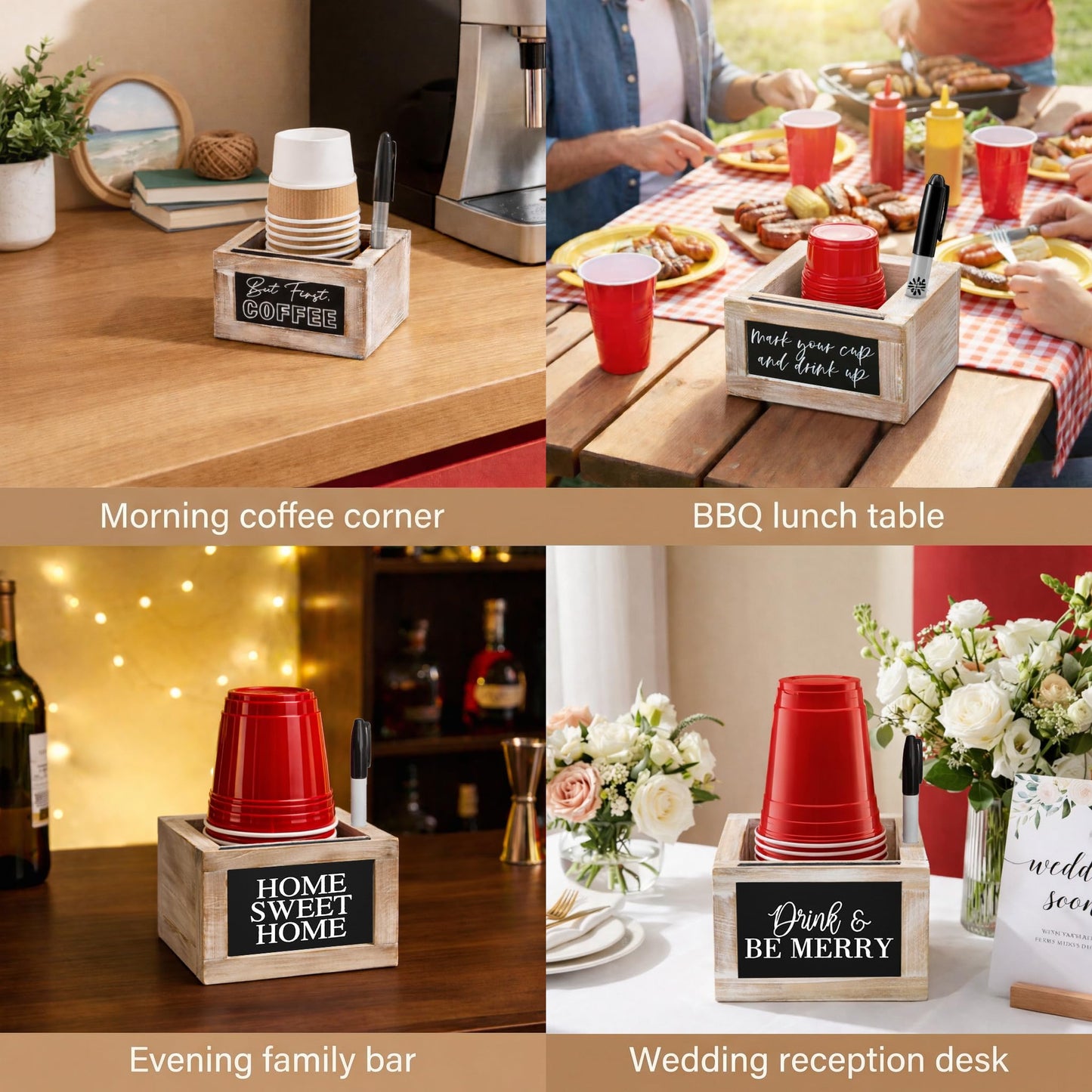 10–18 oz Wooden Cup Holder with Marker Slot & 6 Interchangeable Quote Signs, Farmhouse Drink Caddy for BBQs, Weddings, Parties, Housewarming & Home Bar Decor (Brown)