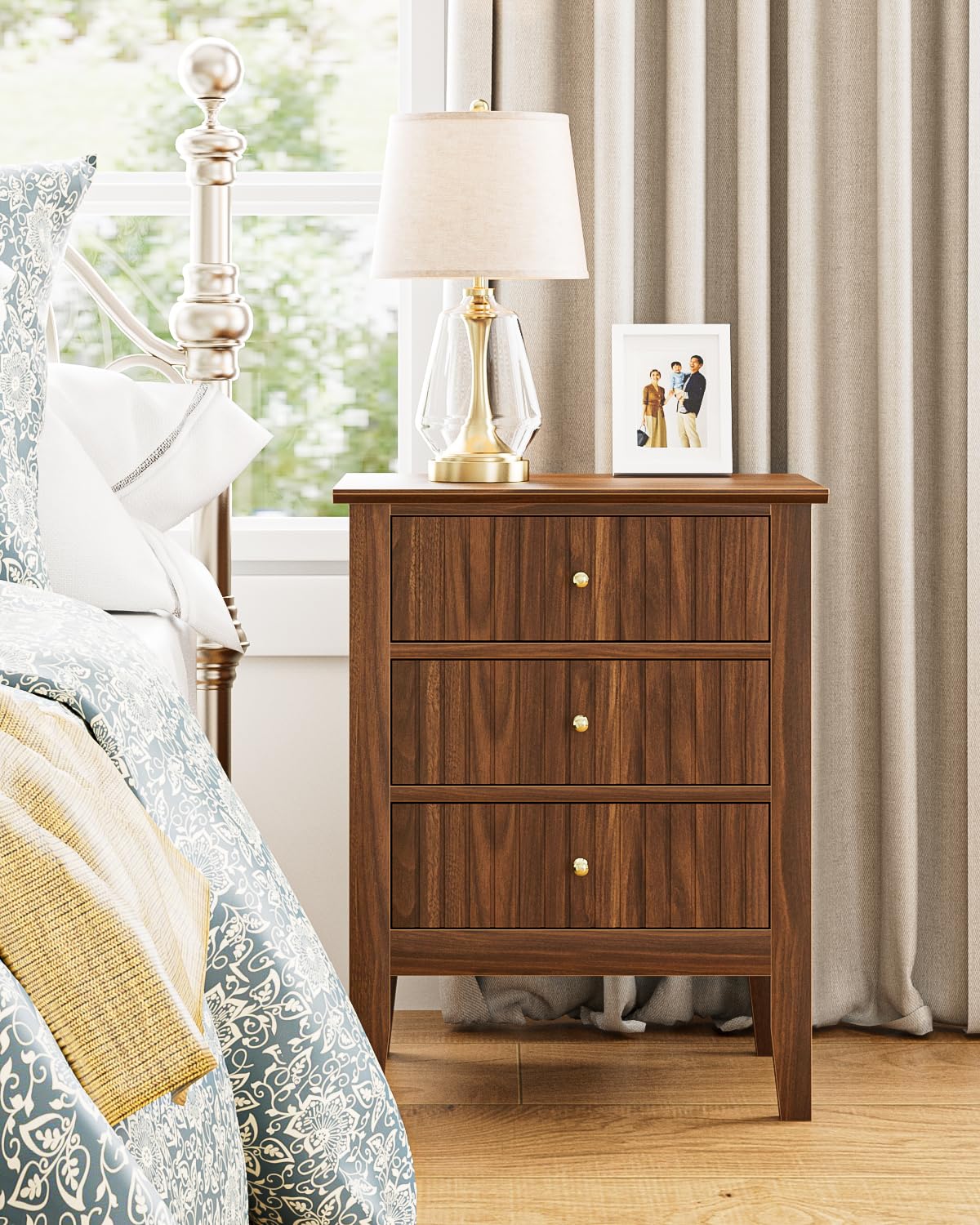 Apetaccat Nightstand Vintage, Fluted Night Stand Tall Farmhouse Beside Table with 3 Drawers, Mid Century Modern Side Accent Table,Bedside End Table for Bedroom, Walnut