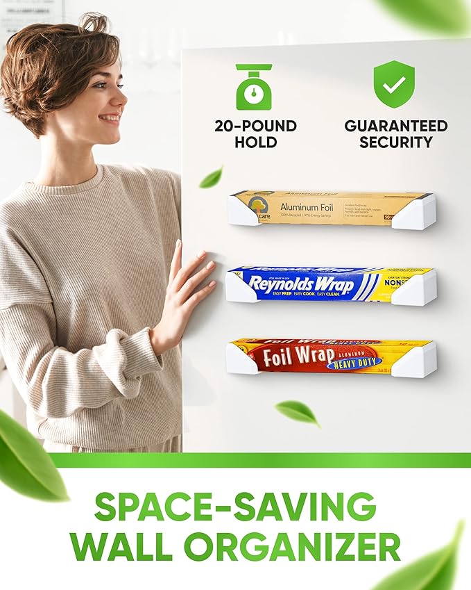 Skywin Adhesive Foil and Plastic Wrap Organizer, Fits Box Width up to 1.77in/45mm Aluminum Foil Organization and Storage, Space-Saving Wall-Mounted Kitchen Plastic Wrap Holde (White)