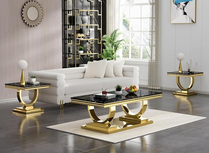 1 Piece Living Room Coffee Table Luxury Faux Marble Center Table, Modern Black Gold Coffee Table with Double O Shape Stainless Steel Pedestal Base,1 Table Only