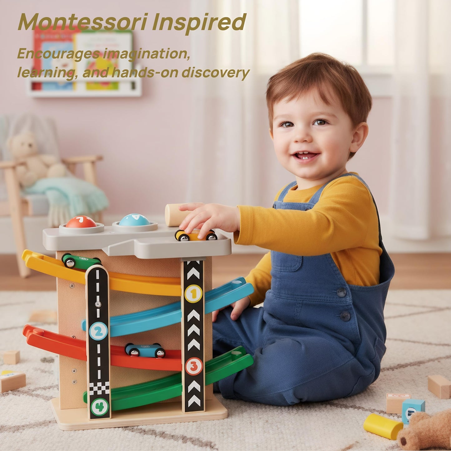 Toddler Toys for 1-2 Year Old Boy, Montessori Toys for 1 Year Old, First Birthday Gifts, 2 in 1 Pounding Toys and Wooden Car Ramp