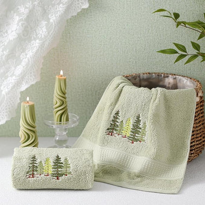 2 Pcs Forest Hand Towels Gray Green Bathroom Decor 14x29 Inch Embroidered 100%