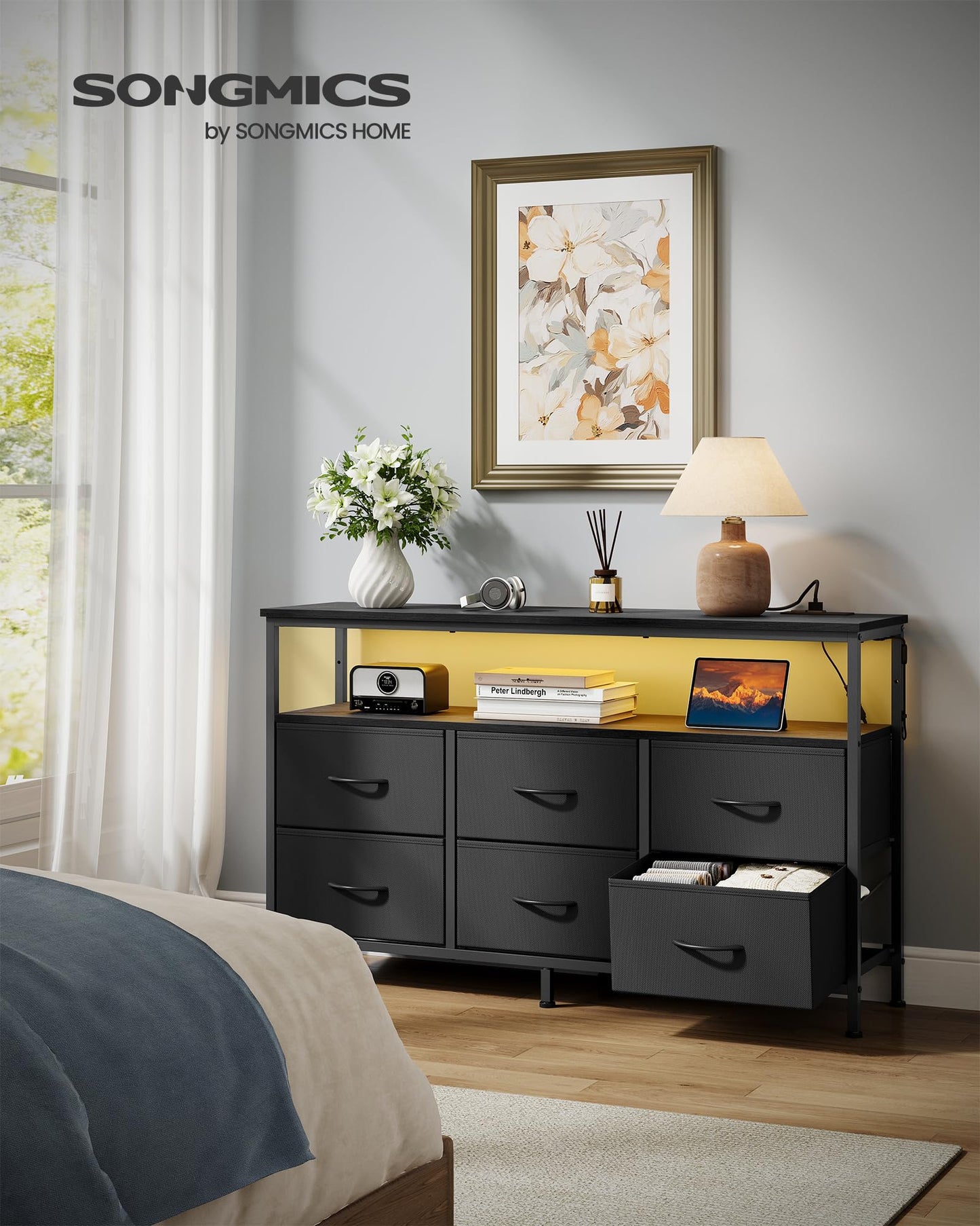 SONGMICS BELLAH Collection - Dresser for Bedroom, Chest of Drawers, TV Stand for TVs Up to 55 Inches, Living Room, Closet, 6 Drawers and 1 Shelf, Modern, Ink Black ULGS833BH02S
