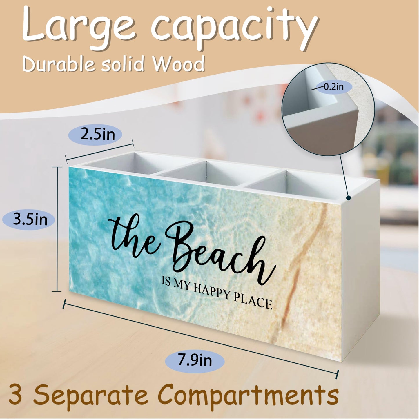 YTRGI Beach Gifts for Women Men, The Beach Is My Happy Place Pen Holder for Home Office Kitchen Desk Decor, Beach Wooden Pencil Holder Sign Organizer for Home Office Desk Accessories,