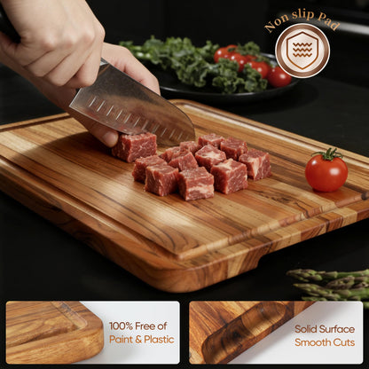 3 Pack Teak Cutting Board Set for Kitchen Wood Charcuterie Board with Juice Groove Wooden Cutting Boards Non Toxic Heavy Duty Slip Over Sink Solid Thick Chopping Board FSC